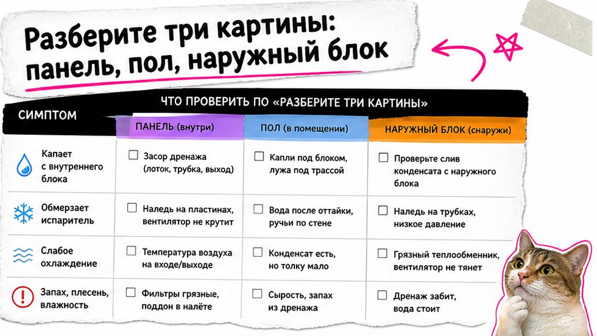 Сравнительная таблица / UI-мокап: Разберите три картины: панель, пол, наружный блок