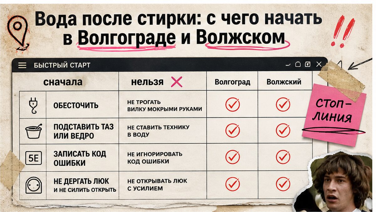 Таблица первых действий при воде в барабане стиральной машины в Волгограде