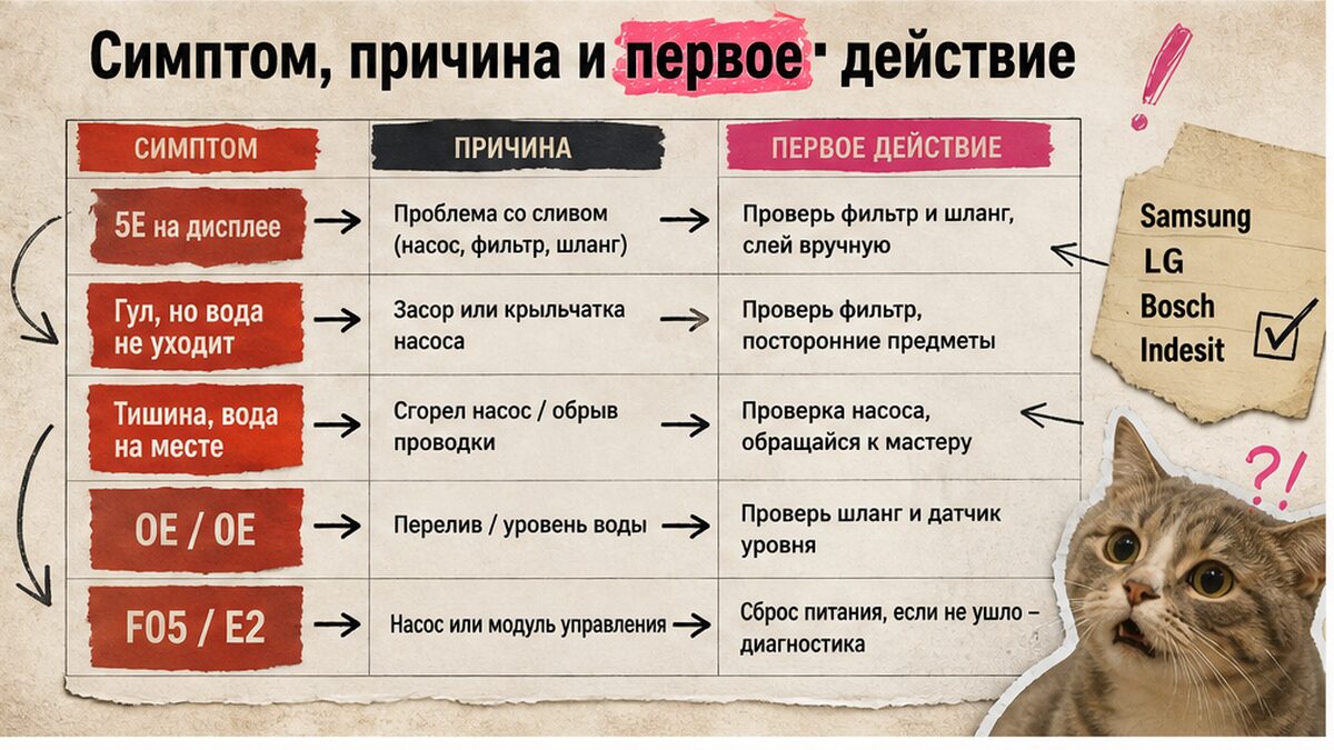 Схема симптомов слива стиральной машины и первых действий по брендам