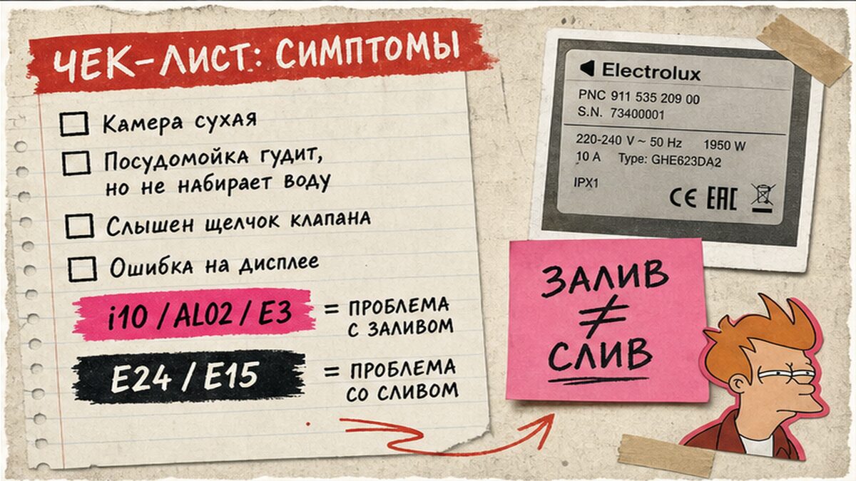 Чеклист симптомов: сухая камера, щелчок клапана и коды ошибок залива
