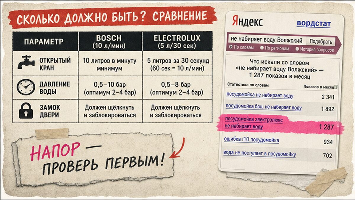 Таблица проверок: кран, напор Bosch/Electrolux и тест залива за 2–3 минуты