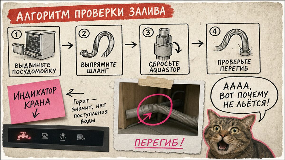Схема: заливной шланг, Aquastop и порядок проверки без разборки корпуса