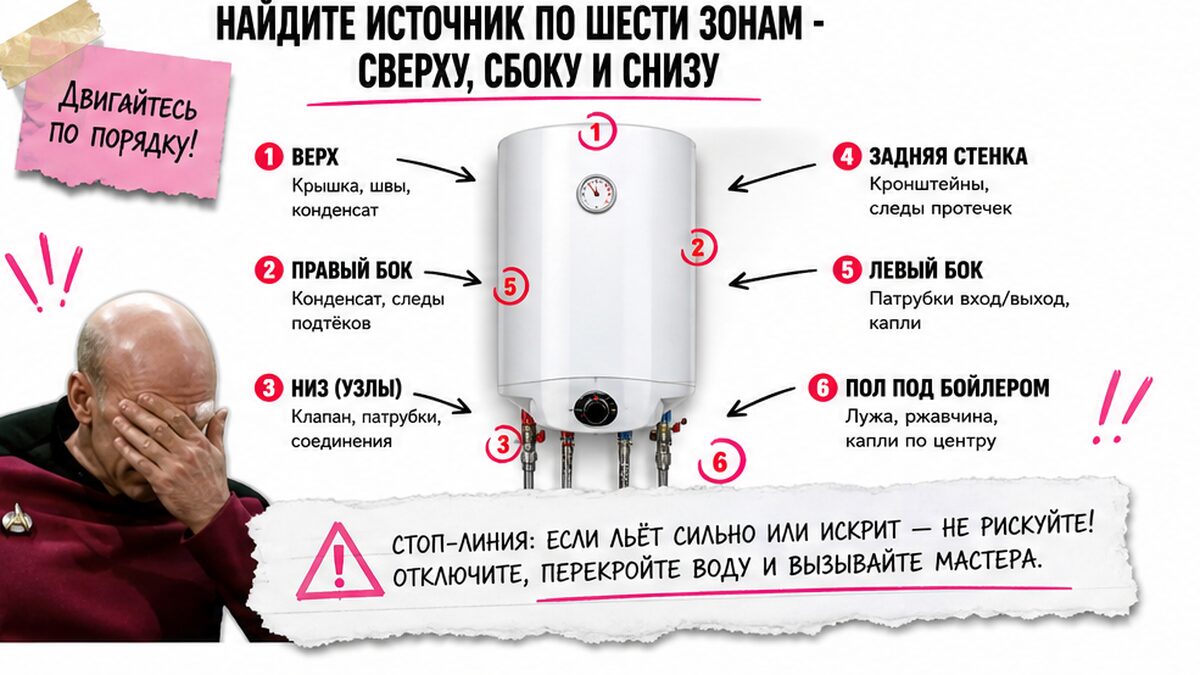 Схема workflow / шаги: Найдите источник по шести зонам - сверху, сбоку и снизу