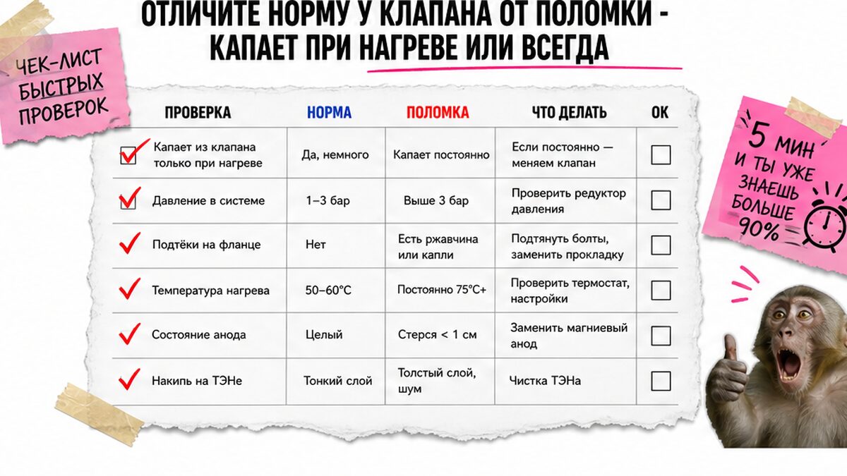Чеклист / printable board: Отличите норму у клапана от поломки - капает при нагреве или всегда