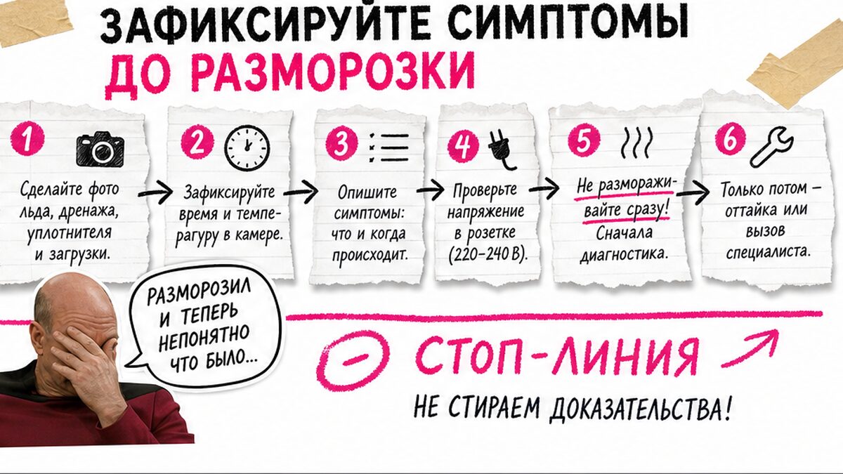Схема workflow / шаги: Зафиксируйте симптомы до разморозки