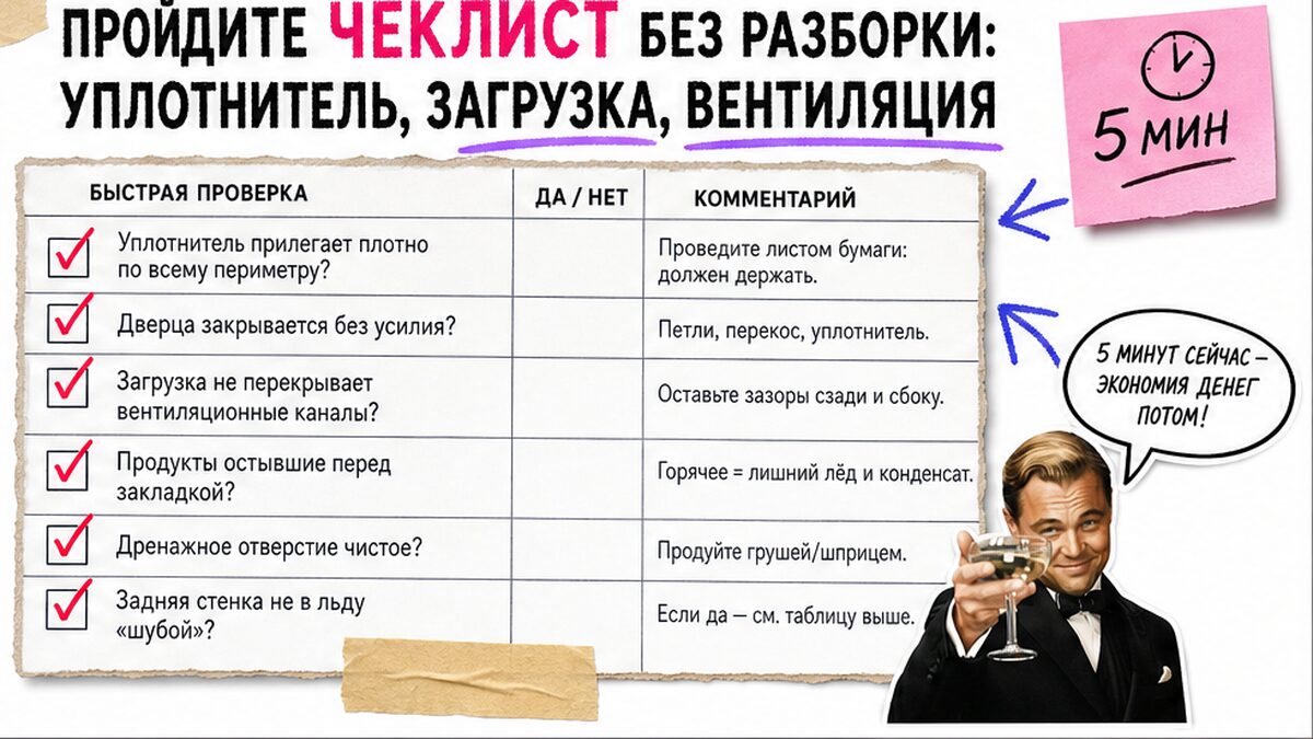 Чеклист / printable board: Пройдите чеклист без разборки: уплотнитель, загрузка, вентиляция