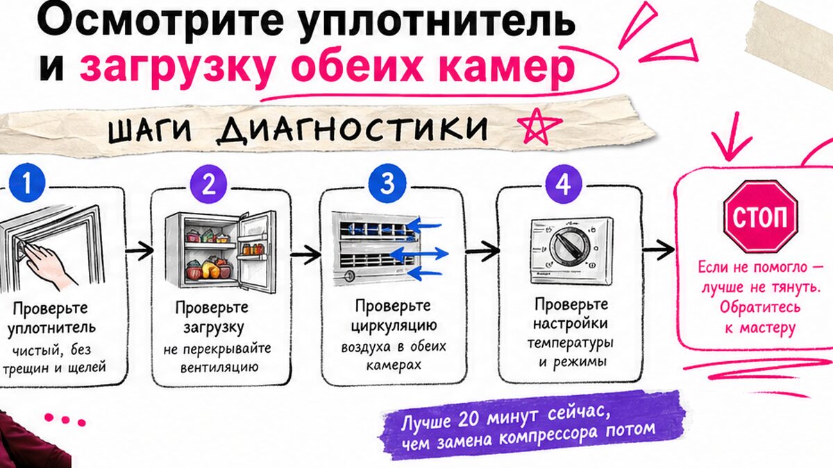 Схема workflow / шаги: Осмотрите уплотнитель и загрузку обеих камер