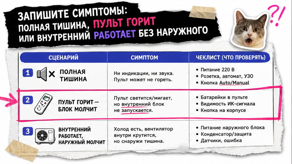 Таблица трёх сценариев: полная тишина, пульт горит, внутренний без наружного