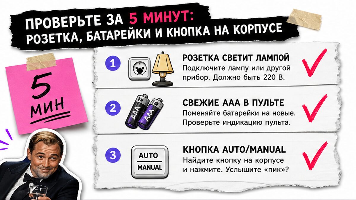 Чеклист трёх быстрых проверок за 5 минут: розетка, батарейки, кнопка на корпусе