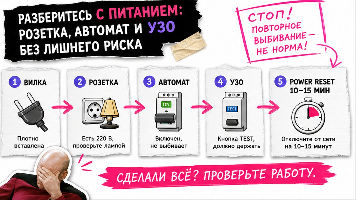 Схема проверки питания: розетка, автомат, УЗО и power reset