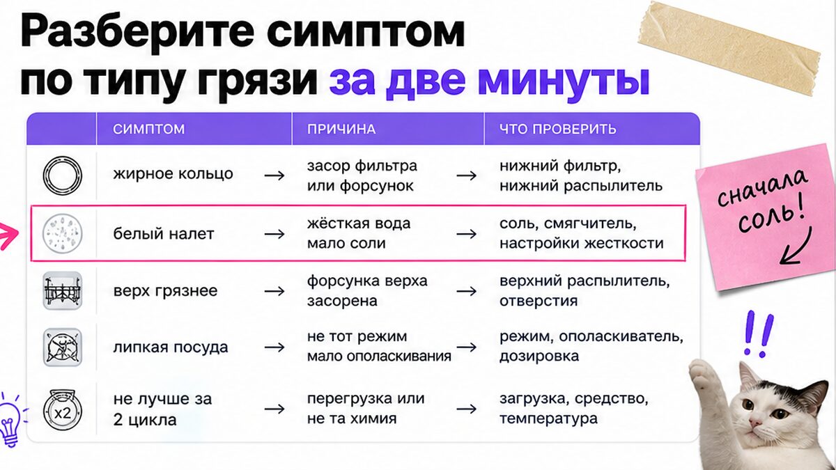 Таблица симптомов по типу грязи на посуде после цикла посудомойки