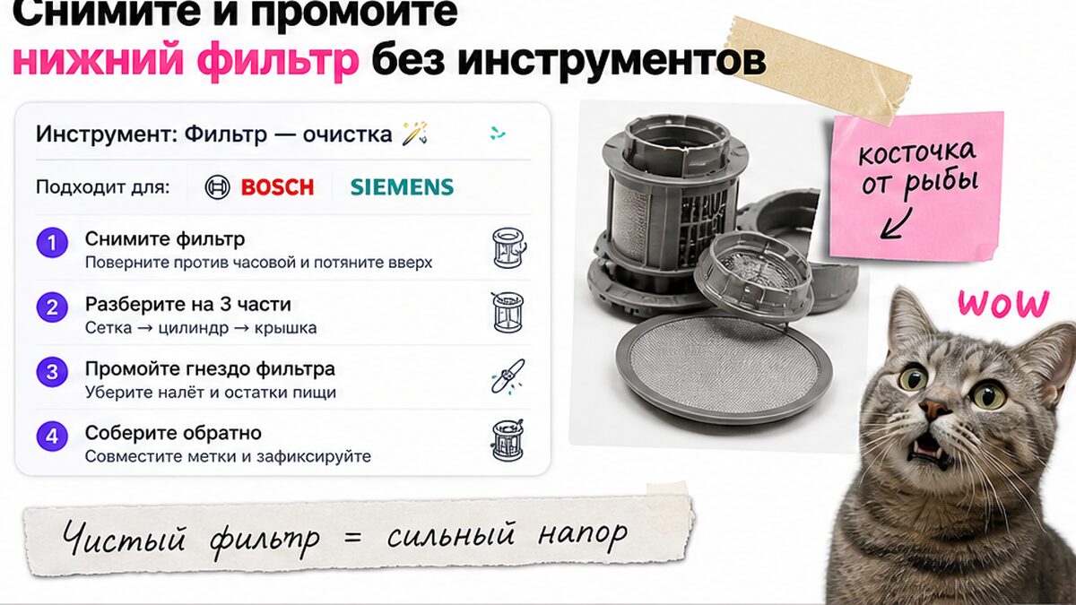 Чеклист снятия и промывки нижнего фильтра посудомойки без инструментов