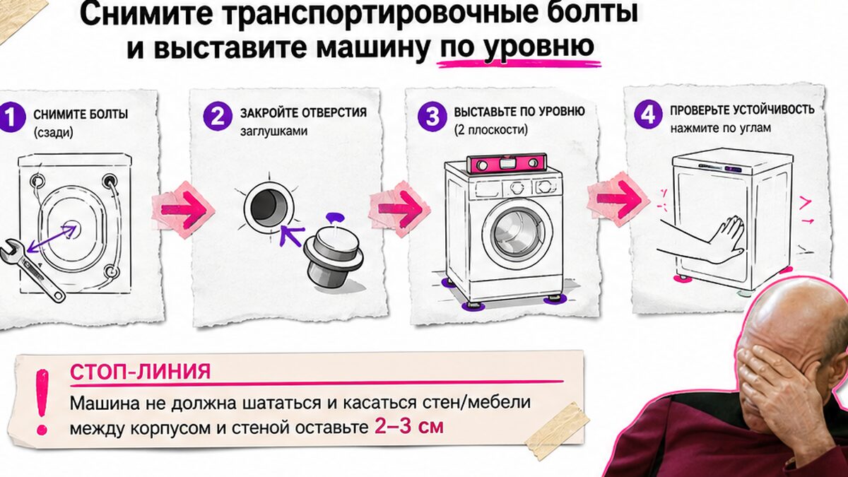 Схема workflow / шаги: Снимите транспортировочные болты и выставите машину по уровню