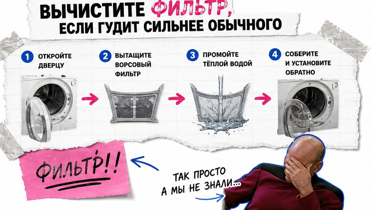 Схема workflow / шаги: Вычистите фильтр, если гудит сильнее обычного