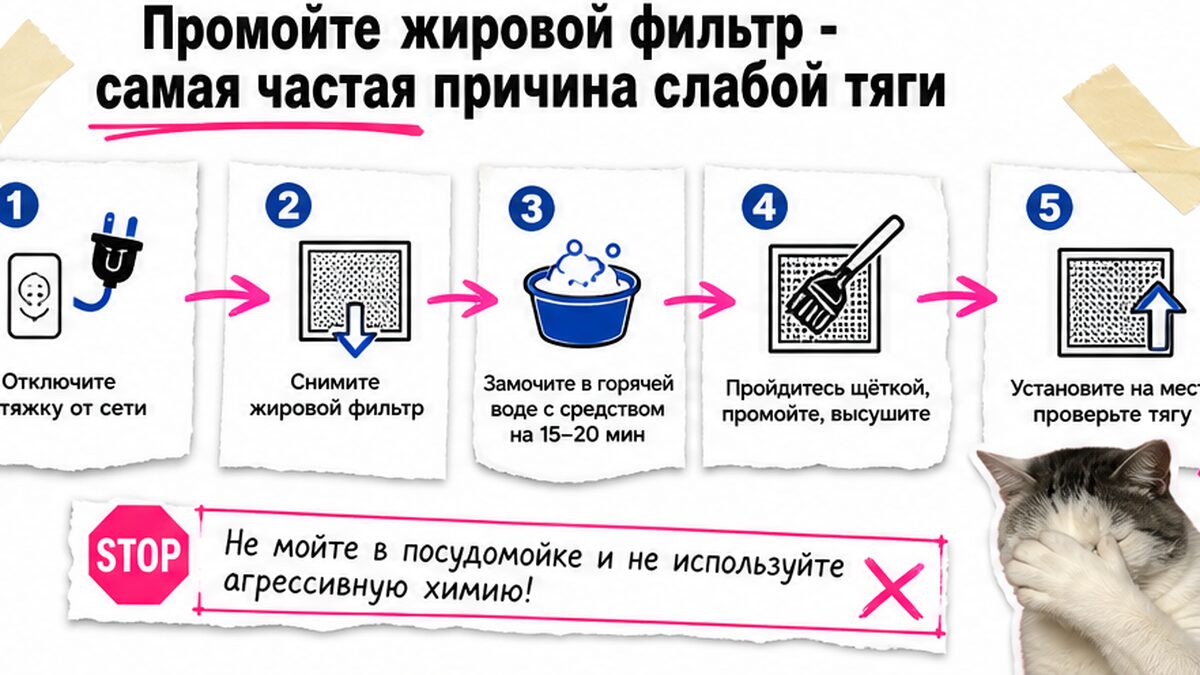 Схема workflow / шаги: Промойте жировой фильтр - самая частая причина слабой тяги