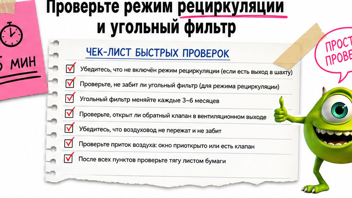 Чеклист / printable board: Проверьте режим рециркуляции и угольный фильтр