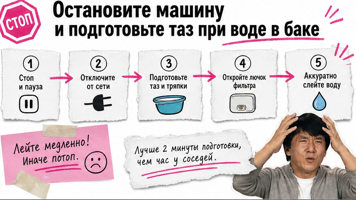 Схема workflow / шаги: Остановите машину и подготовьте таз при воде в баке
