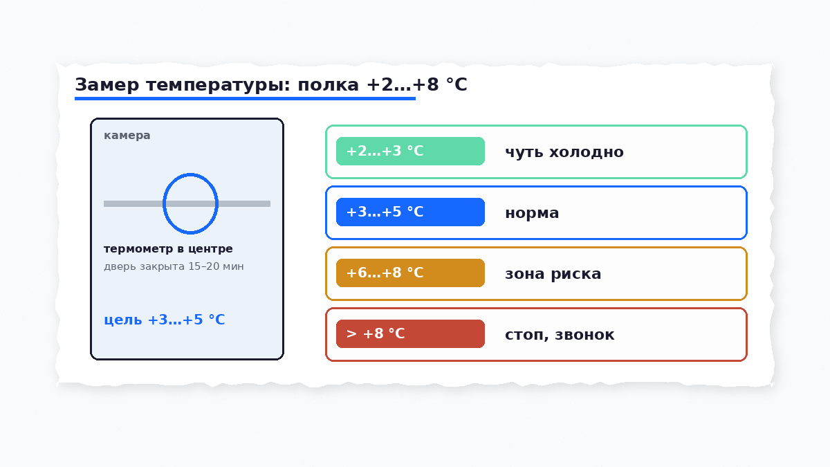 Схема замера температуры в холодильнике: норма +3…+5 °C и порог +8 °C